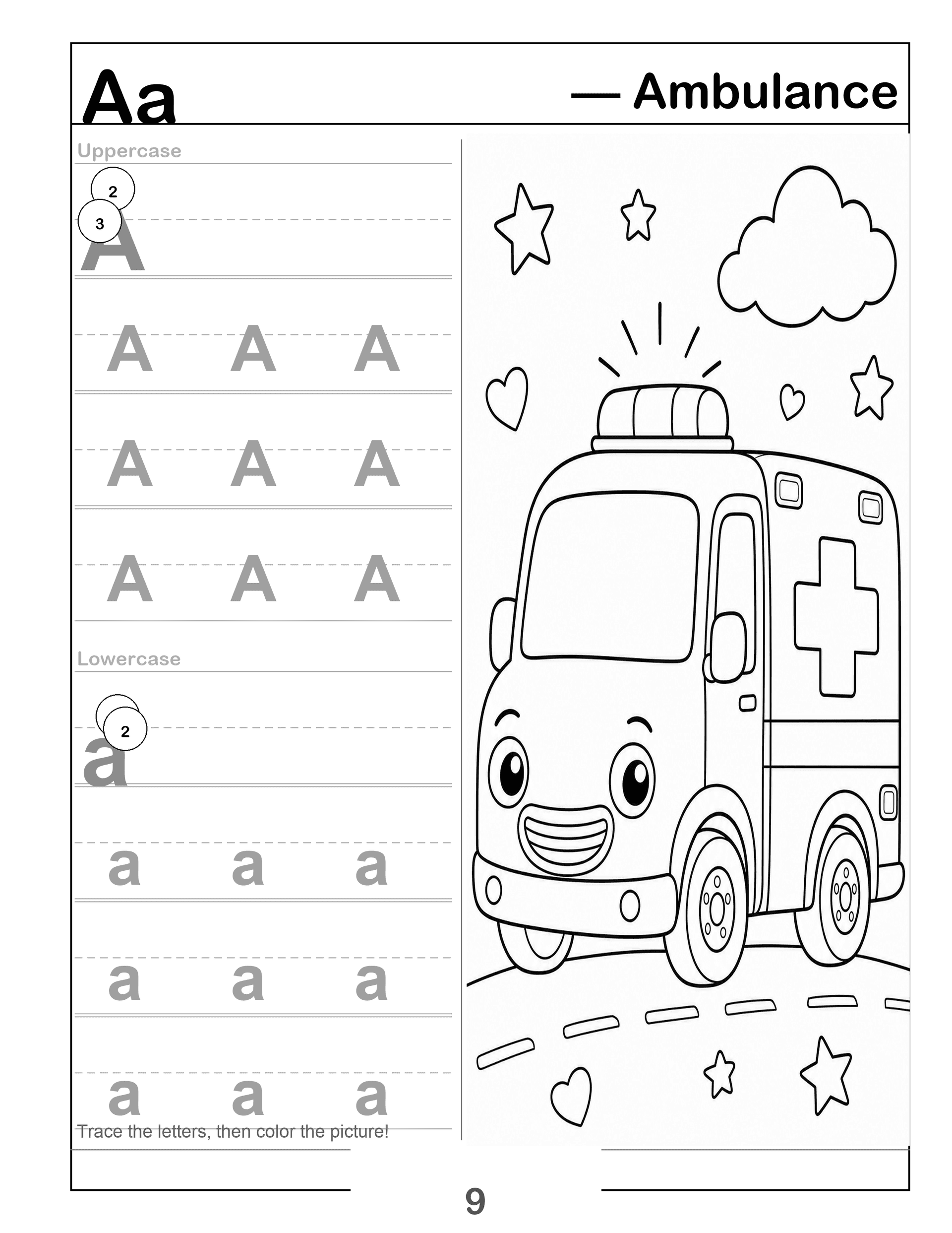 Preview: Letter Tracing — A is for Ambulance — medical ABCs with proper stroke-order guides.